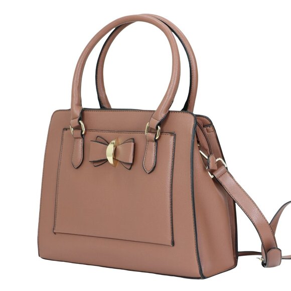Brown Faux Leather Purse Cute Bow Accent Tote Cross Body Shoulder Hand Bag - Picture 1 of 12